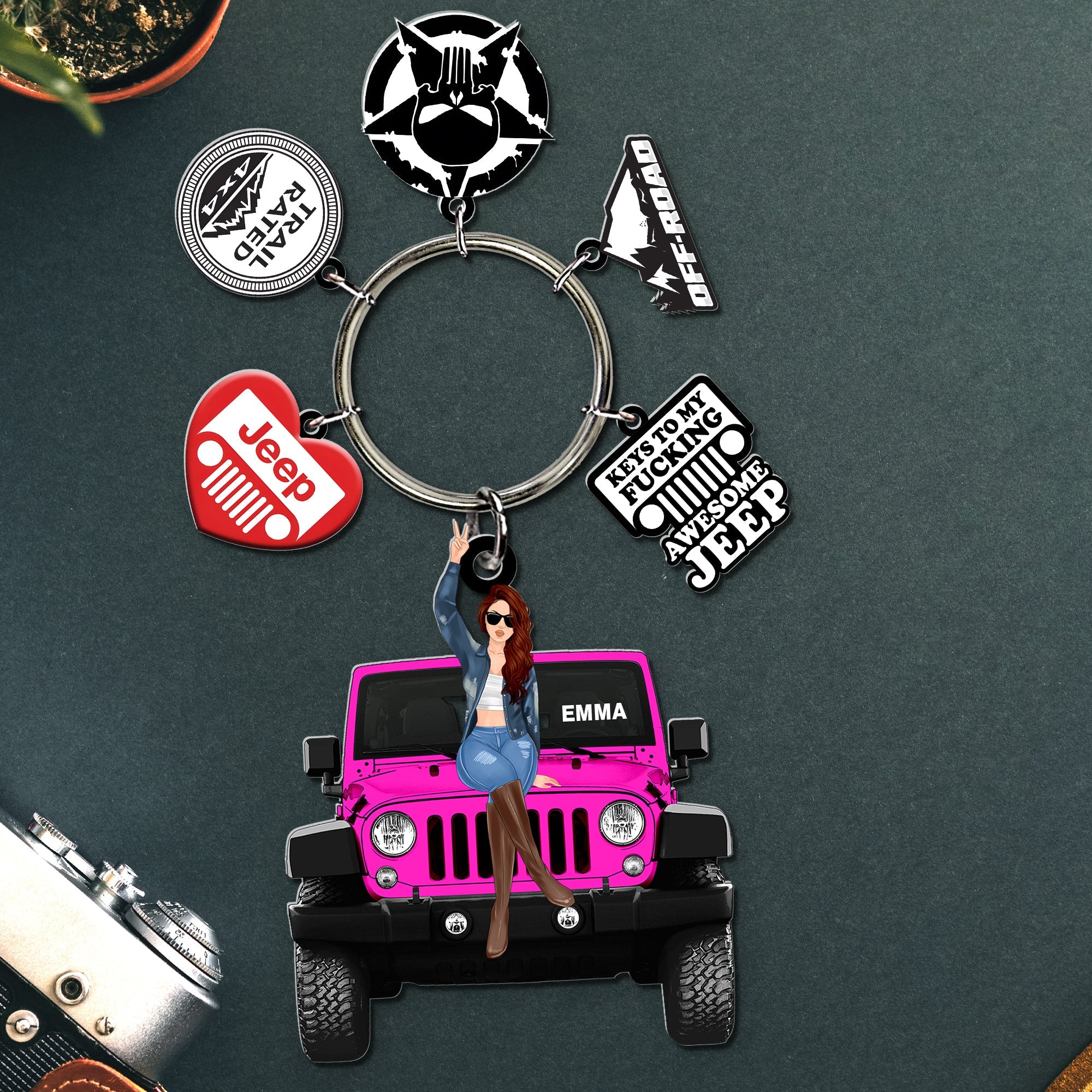 Personalized Jeep Lover Keychain with Custom Name and Iconic Charms