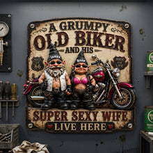 Load image into Gallery viewer, "A Grumpy Old Biker and His Super Sexy Wife" - Personalized Biker Couple Gnome Metal Sign - Perfect Gift for Biker Couples
