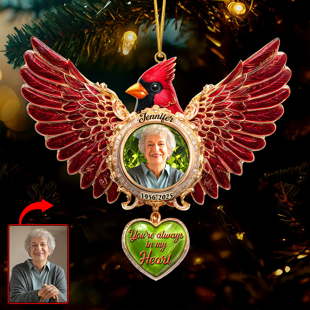 You're Always in Our Hearts – Cardinal Memorial Christmas Ornament - Custom Photo Gift for Loved Ones In Heaven Ornament PopCulturePrints