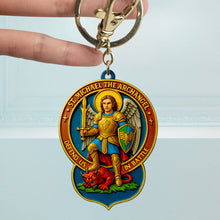 Load image into Gallery viewer, “Defend Us in Battle” - Sacred Warrior St. Michael the Archangel Keychain - Personalized Gift for Friends &amp; Loved Ones Keychains PopCulturePrints
