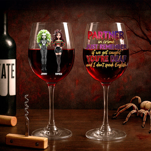 “Partners in Crime for Halloween!” - Spooky Dolls Personalized Wine Glass - Custom Gift for Besties and Drinking Lovers Wine Glass PopCulturePrints