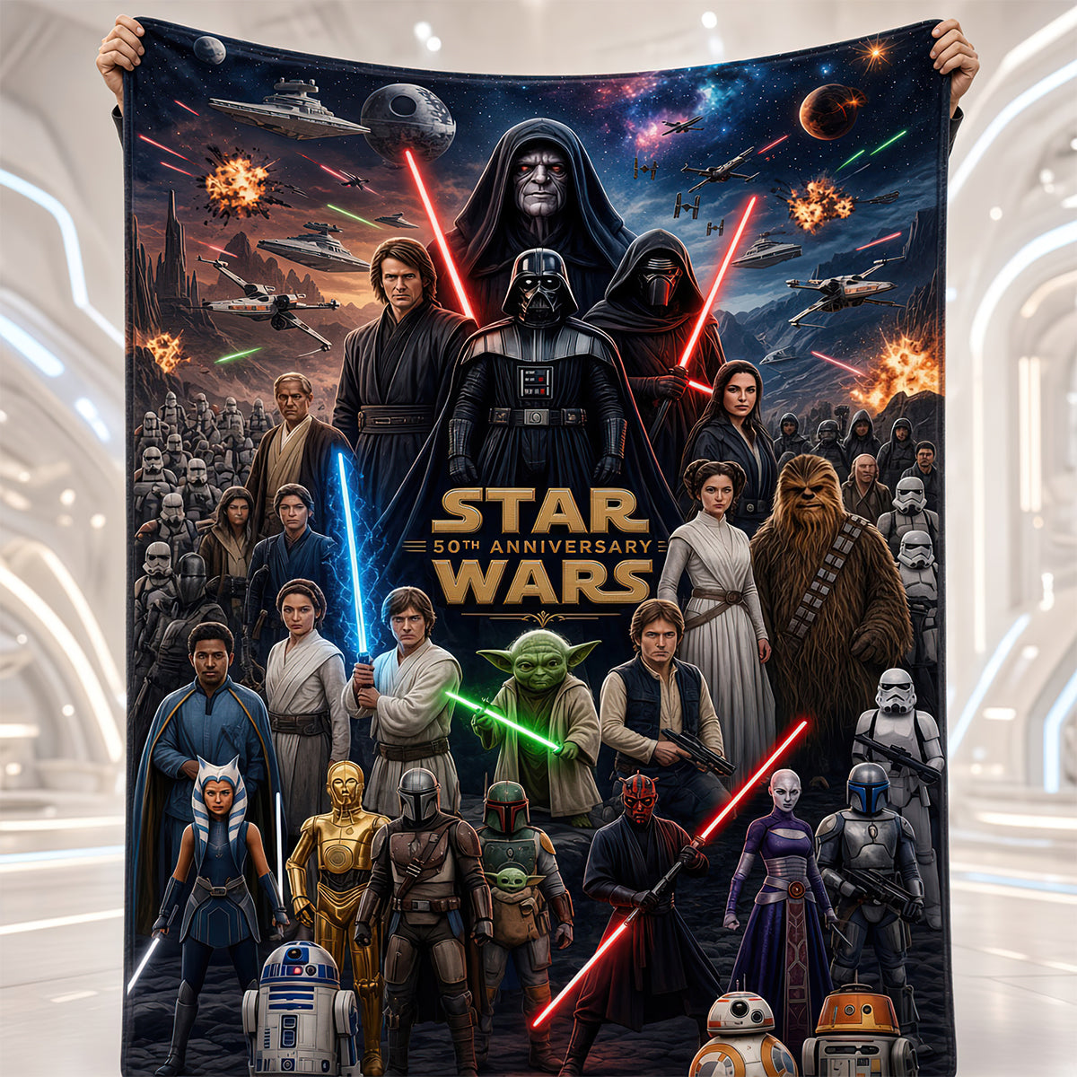 “Celebrate 50 Years of Adventure!” - 50th Anniversary Cosmic Blanket - Personalized Gift for Star Wars Fans Blanket PopCulturePrints