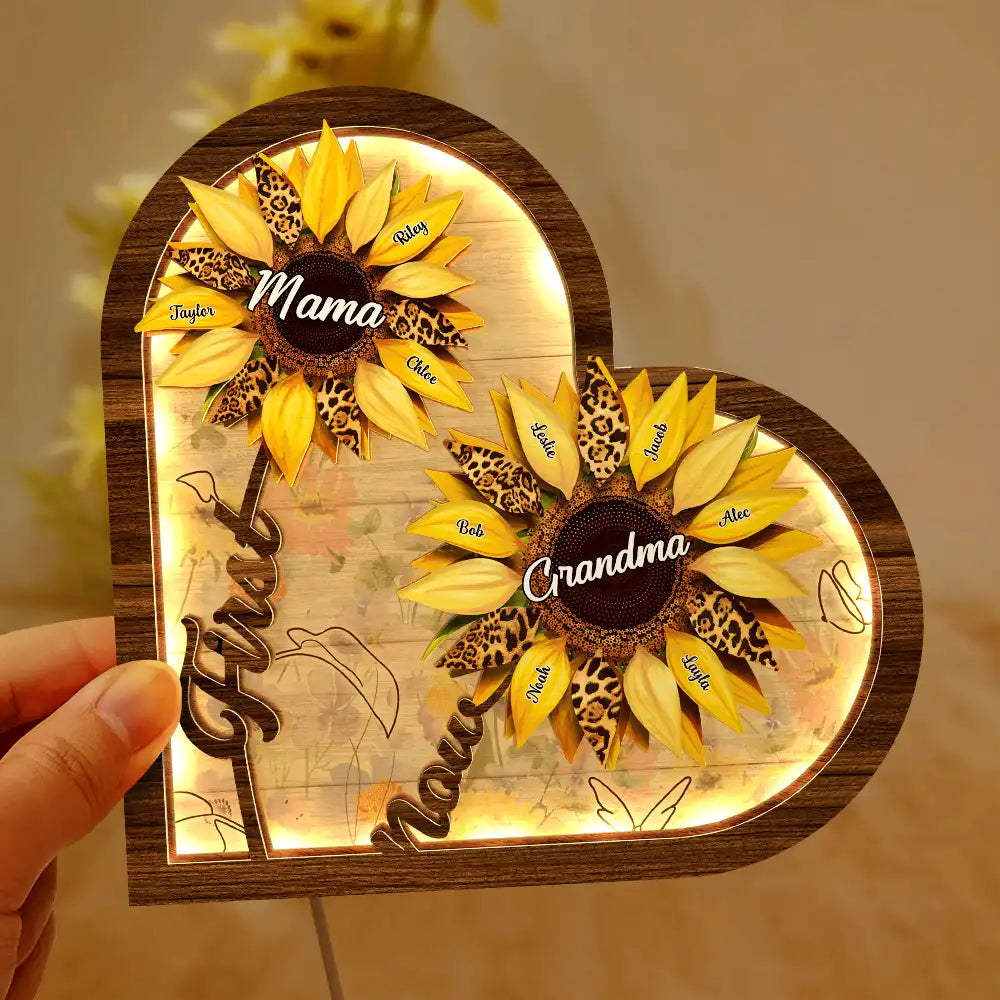 Sunflower First Mom Now Grandma - Personalized LED Light Wooden Plaque LED Light Wooden Plaque PopCulturePrints