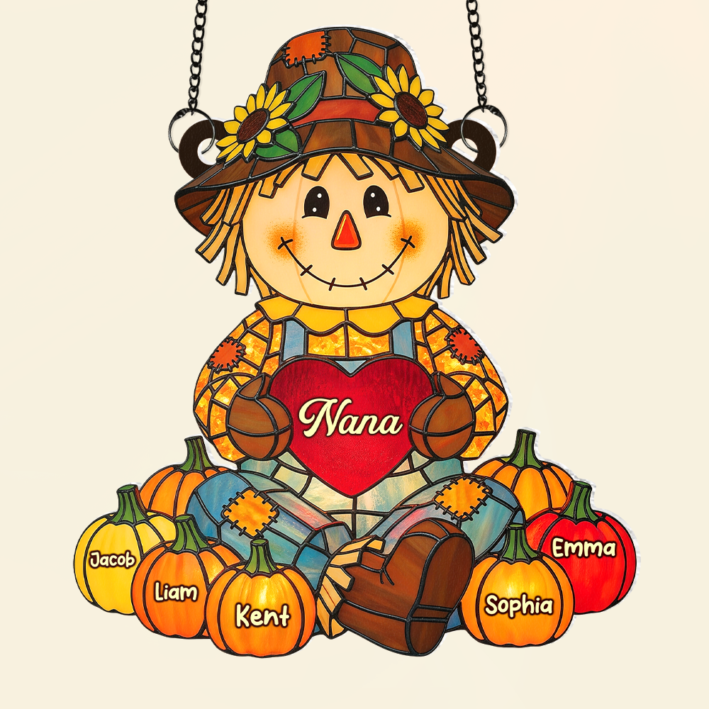 “A Grandma's Love Shines Bright” - Autumn Scarecrow Suncatcher - Personalized Gift for Grandma, Nana, Mom and Special Loved Ones Ornament PopCulturePrints