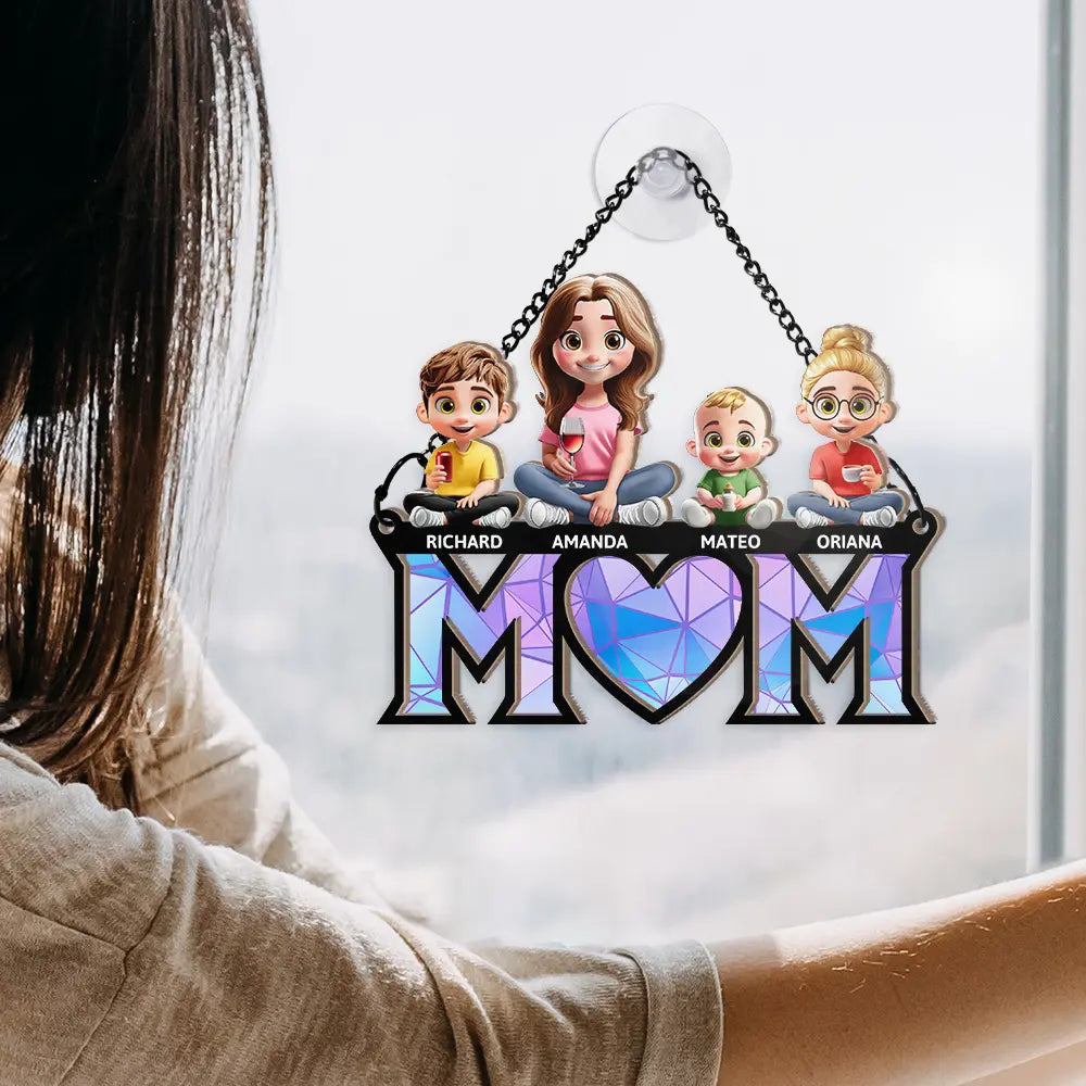 "We Love You Mom" - Personalized 3D Cartoon Window Hanging Suncatcher Ornament - Perfect Gift for Mom and Grandma Suncatcher Ornament PopCulturePrints