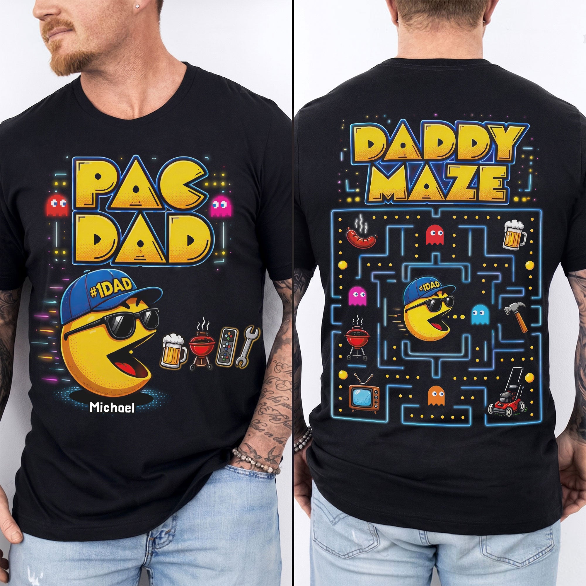 "Level Up Your Dad's Style!" - Retro Arcade Dad Shirt - Personalized Gift for Dads, Grandpas, and Gamers Shirts PopCulturePrints