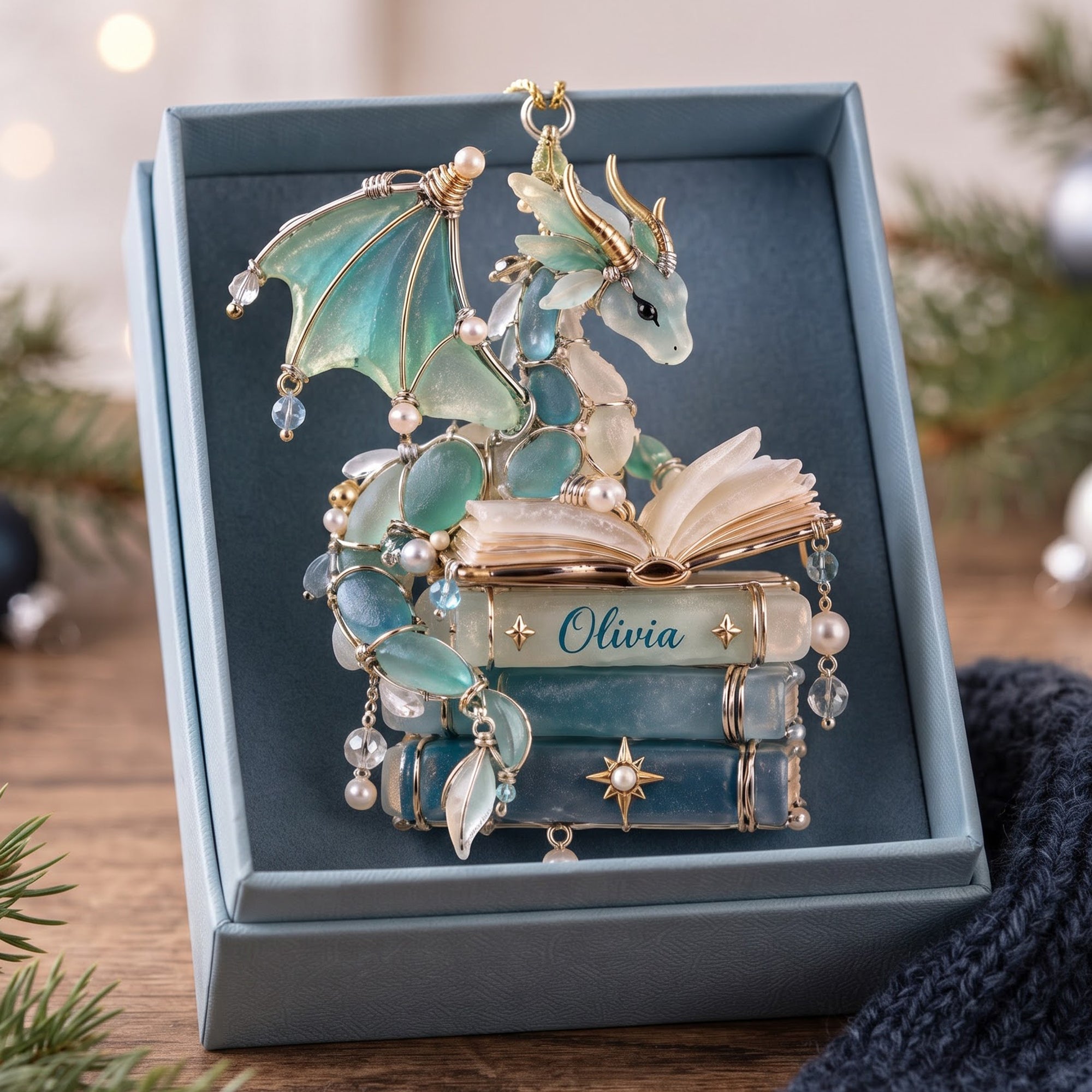 “Ignite Your Imagination” - Book Dragon Sea Glass Acrylic Ornament - Personalized Gift for Book Lovers