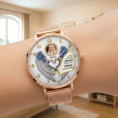 As My Angel In Heaven Wrap Your Wings Around Me - Memorial Quartz Watch | Custom Photo Gift for Loved Ones Quartz Watch PopCulturePrints