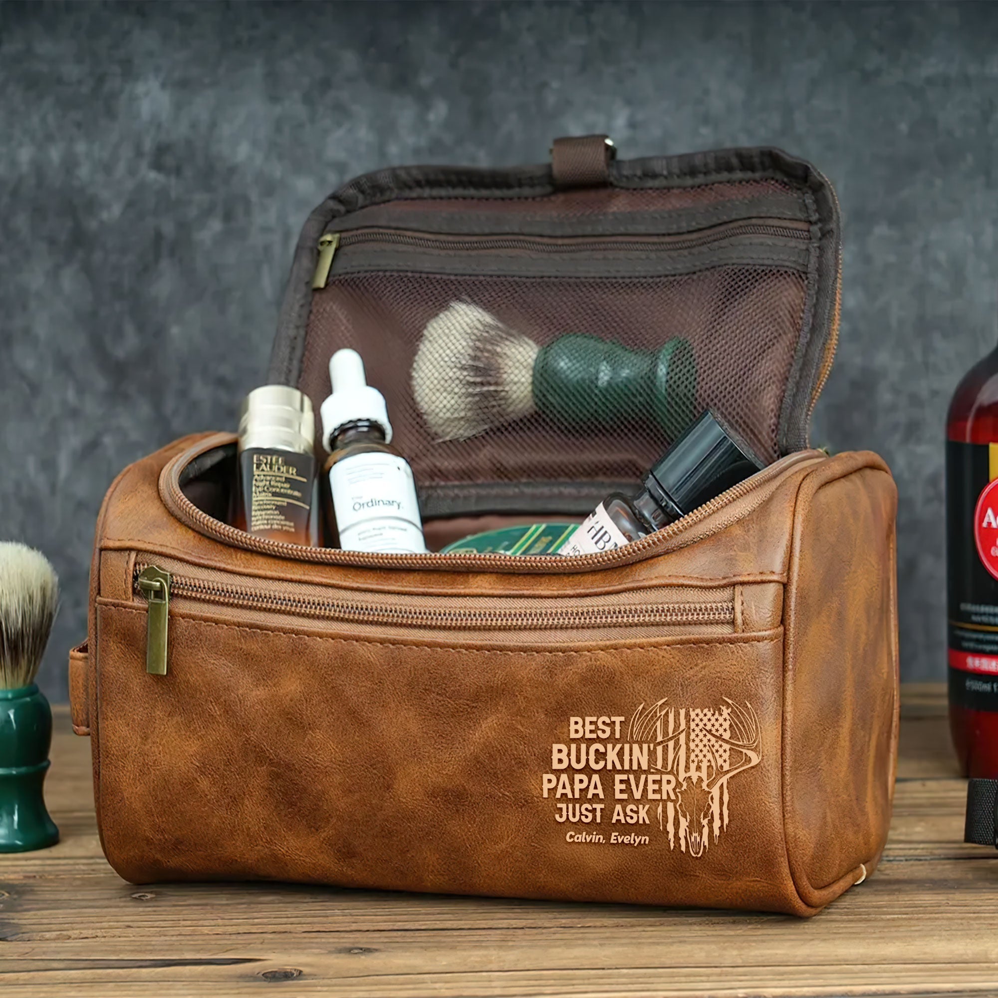 “Best Buckin’ Dad Ever!” - Personalized Leather Toiletry Bag for Hunting Dads, Gift for Dad, Grandpa, and Father’s Day Toiletry Bag PopCulturePrints