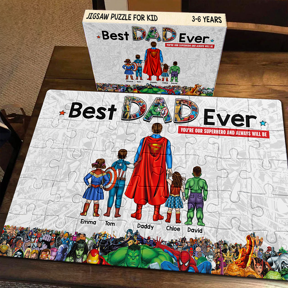 Best Dad Ever Jigsaw Puzzle - Personalized Gift for Dad, Superhero Theme Jigsaw Puzzles PopCulturePrints