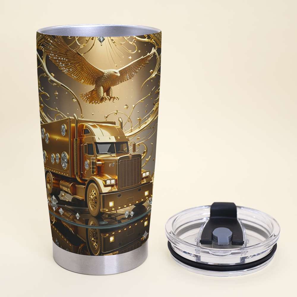 Golden Semi Truck Tumbler - Personalized Gift for Truckers Tumbler Cup PopCulturePrints