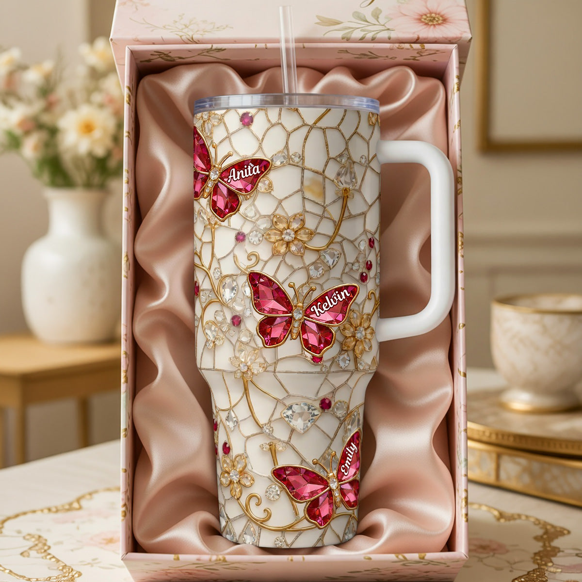 “A Beautiful Tribute to Mom” - Sparkling Butterfly Floral 40oz Tumbler - Personalized Gift for Mom, Grandma, and More Tumbler Cup PopCulturePrints