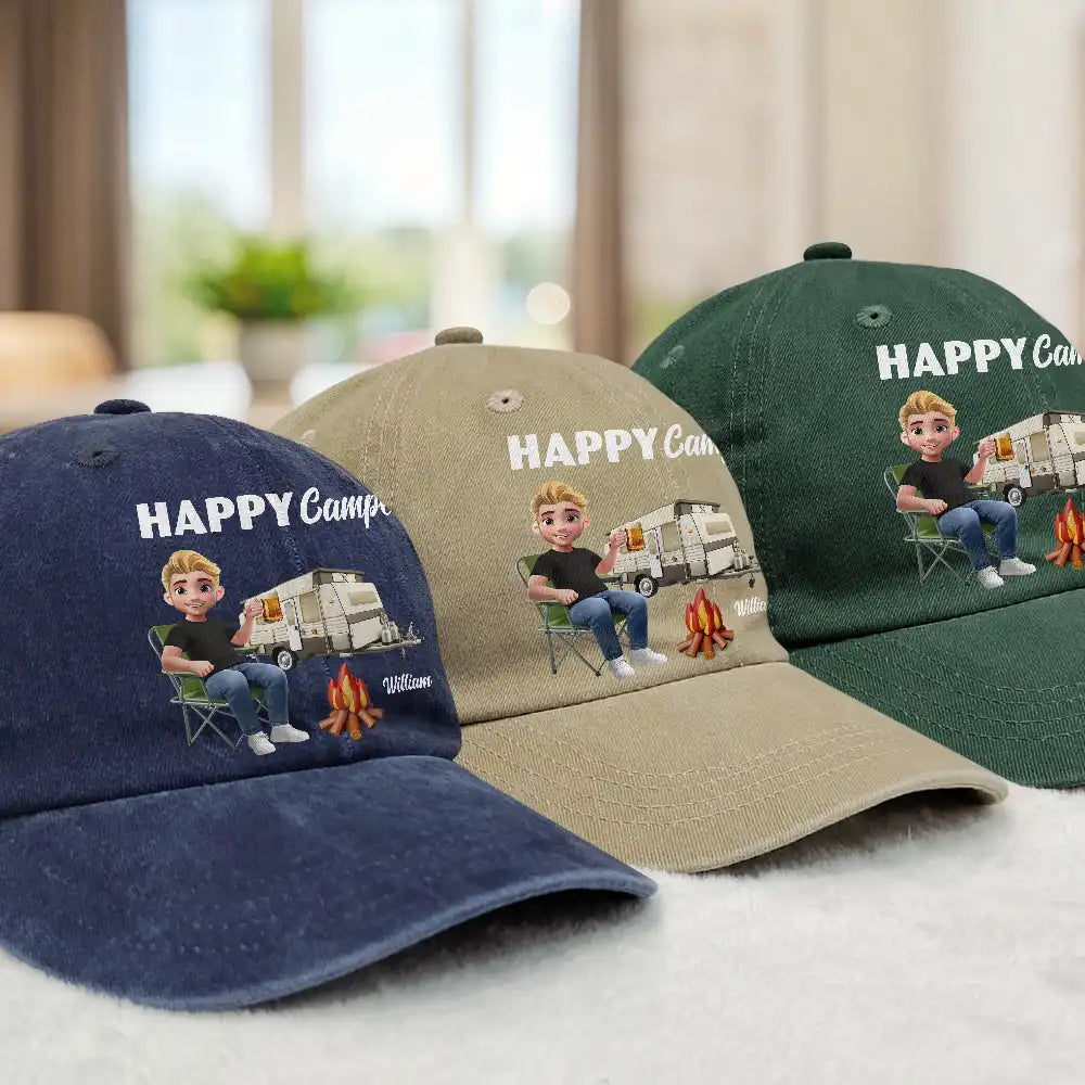 Camp Hair Don't Care - Personalized Vintage Washed Denim Cap Vintage Washed Denim Cap PopCulturePrints