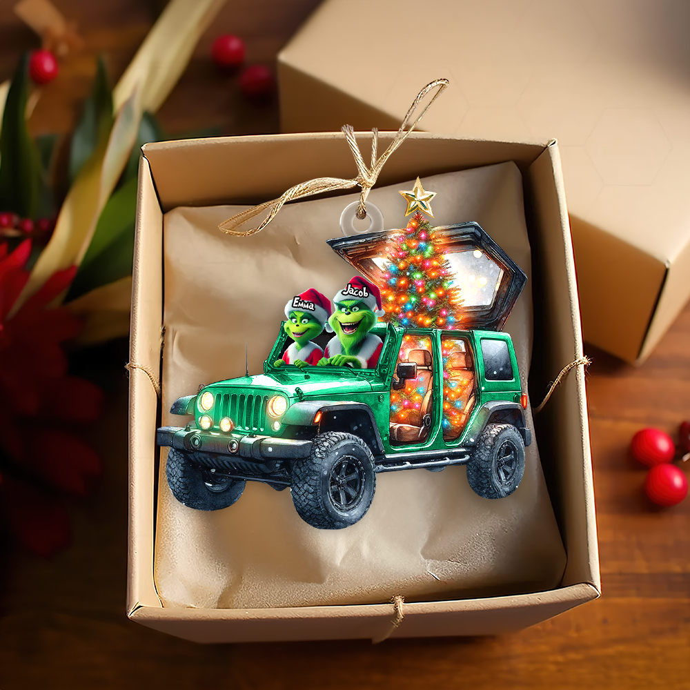 Custom Couple Christmas Ornament - Festive Jeep Design