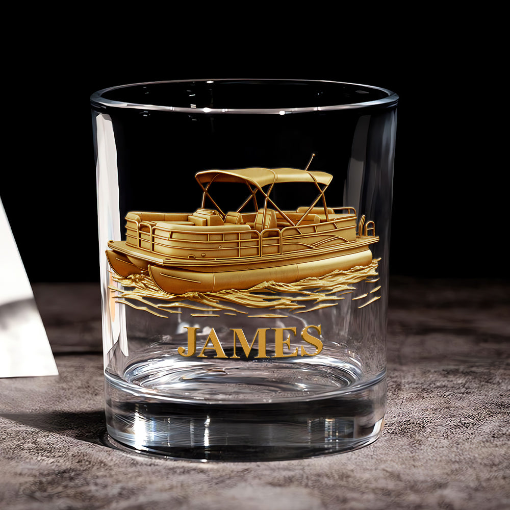 "Sail Away with Joy: Personalized Pontoon Drinking Glass" - Custom 11oz Round Drinking Glass, Perfect Gift for Sea Lovers Whiskey Glass PopCulturePrints