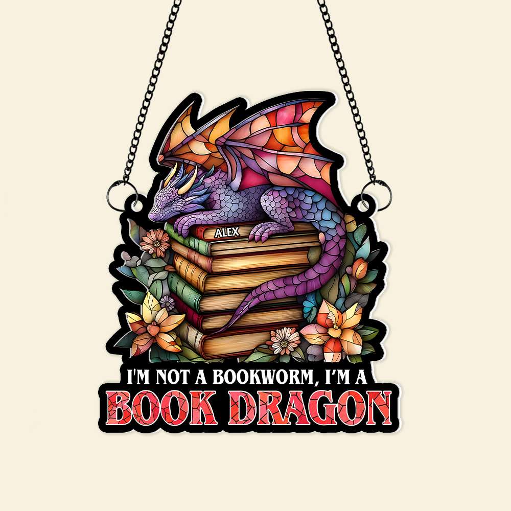 Personalized Book Lover Suncatcher Ornament - Book Dragon Design Ornament PopCulturePrints