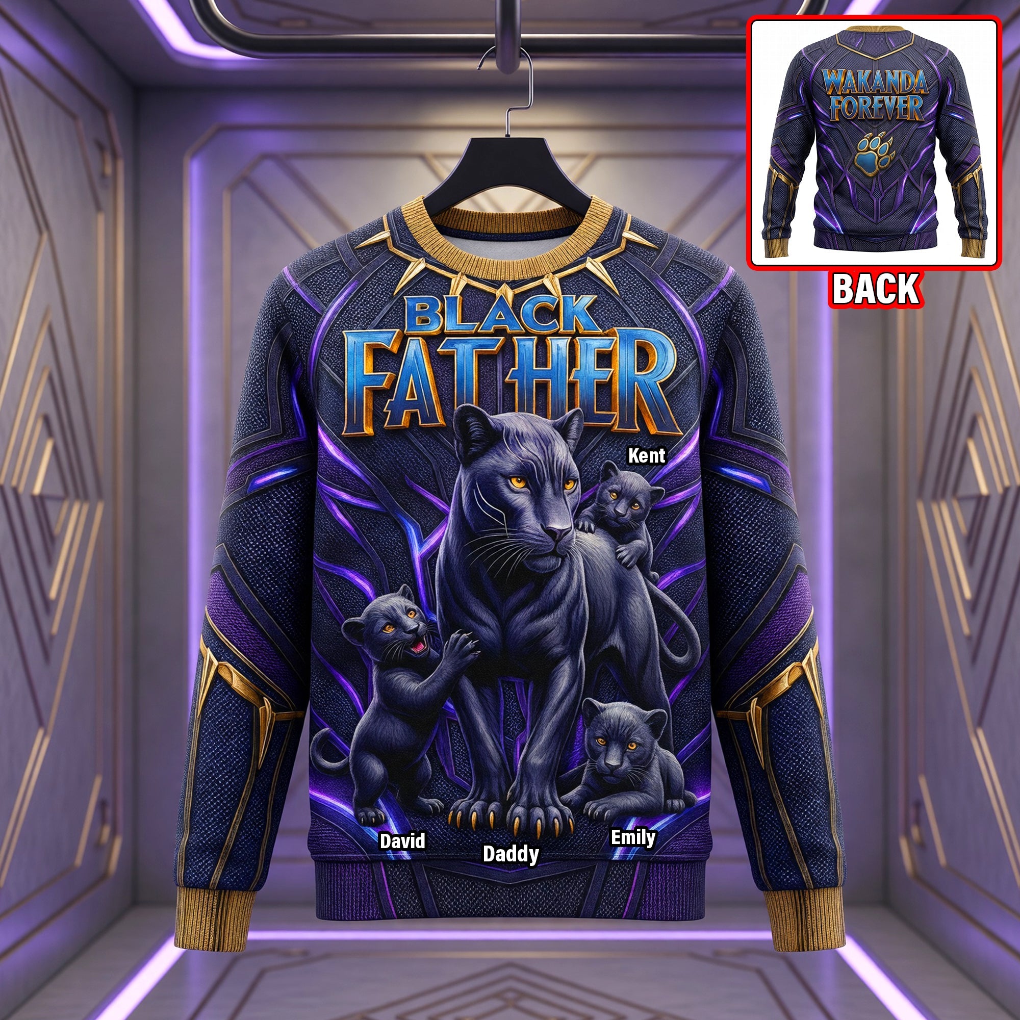 “A True Black Panther, A Loving Dad” - Personalized Predator Dad and Kids Shirt - Gift for Dad, Grandpa, and Family AOP Products PopCulturePrints