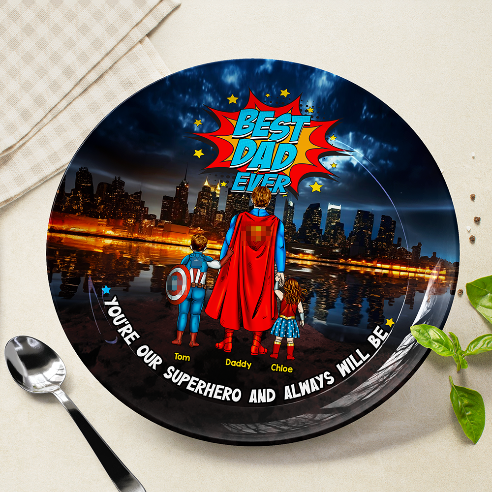 You're Our Superhero - Best Dad Ever Ceramic Round Plate - Personalized Gift for Dad, Grandpa, and Father Figures Ceramic Round Plate PopCulturePrints