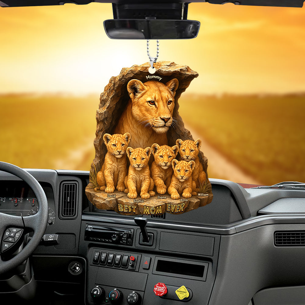 "Best Mom Ever" - Personalized Lion Mom & Little Cubs Car Ornament - Custom Gift for Mom, Grandma, and More Ornament PopCulturePrints