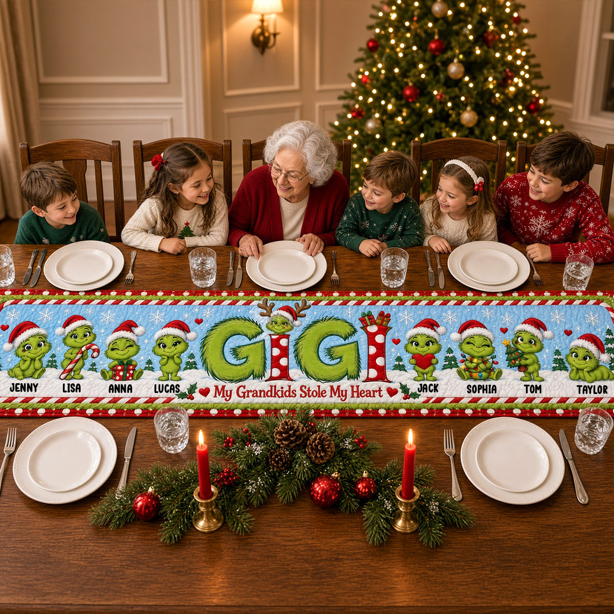 My Grandkids Stole My Heart - Personalized Christmas Table Runner for Grandma Quilted Table Runner PopCulturePrints