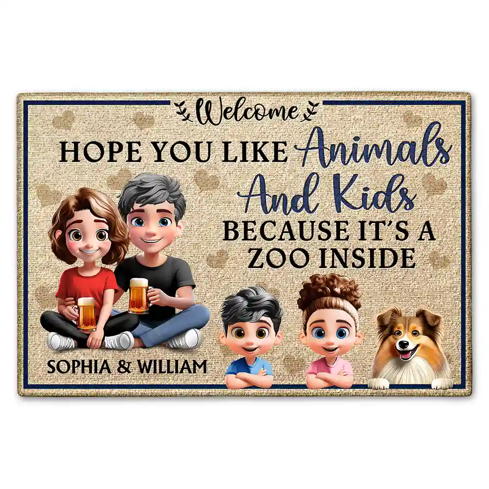Welcome! Hope You Like Animals And Kids - Personalized Doormat Doormat PopCulturePrints