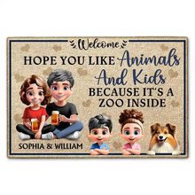 Load image into Gallery viewer, Welcome! Hope You Like Animals And Kids - Personalized Doormat Doormat PopCulturePrints

