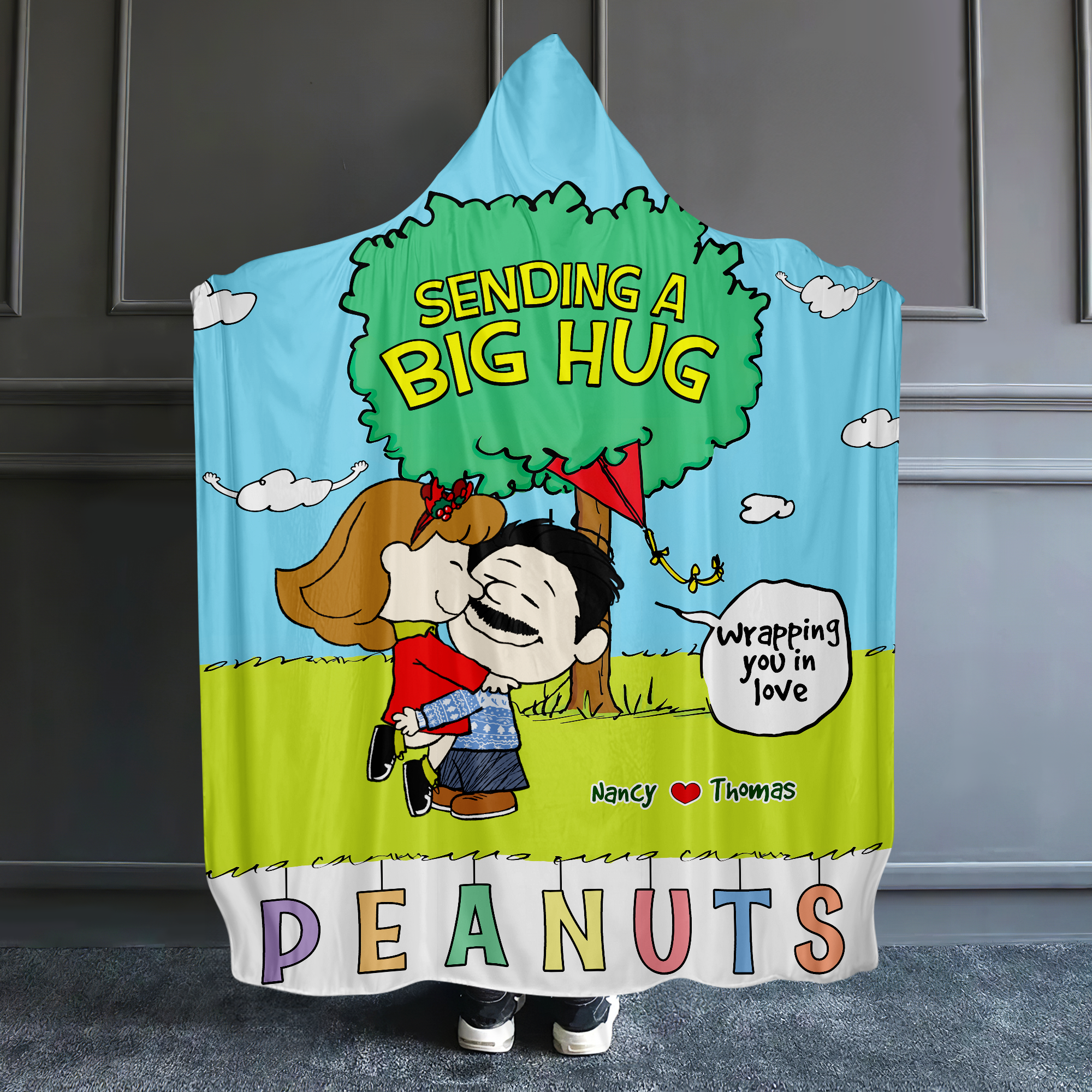 Custom Cartoon Couple Christmas Hooded Blanket – Perfect Personalized Gift