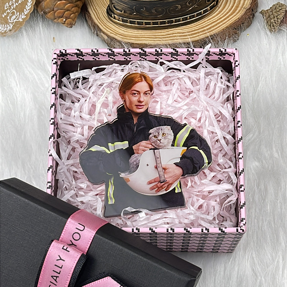 Personalized Firefighter Photo Ornament with Cat Ornament PopCulturePrints