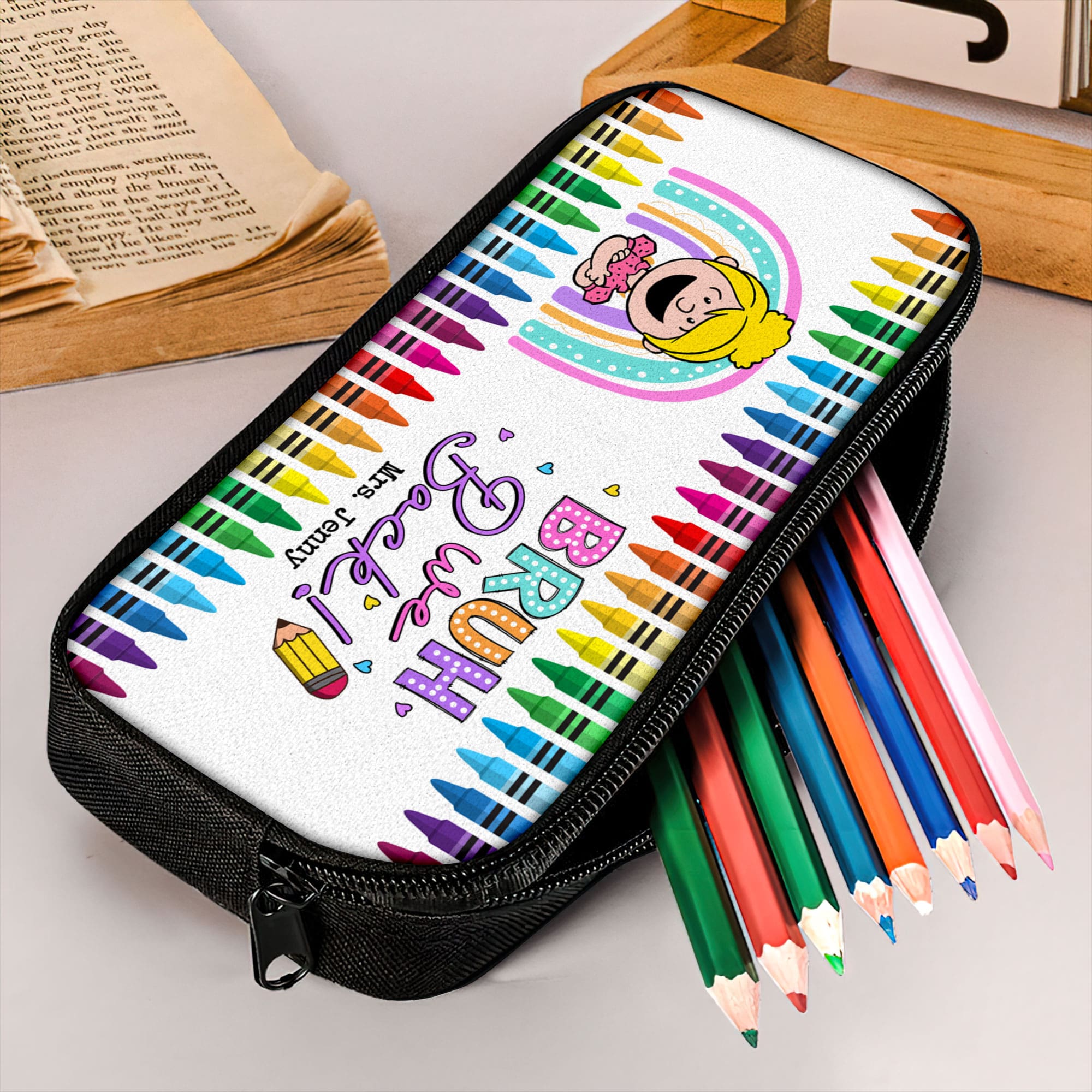 Personalized 'BRUH We Back!' Colorful Crayon Pencil Case