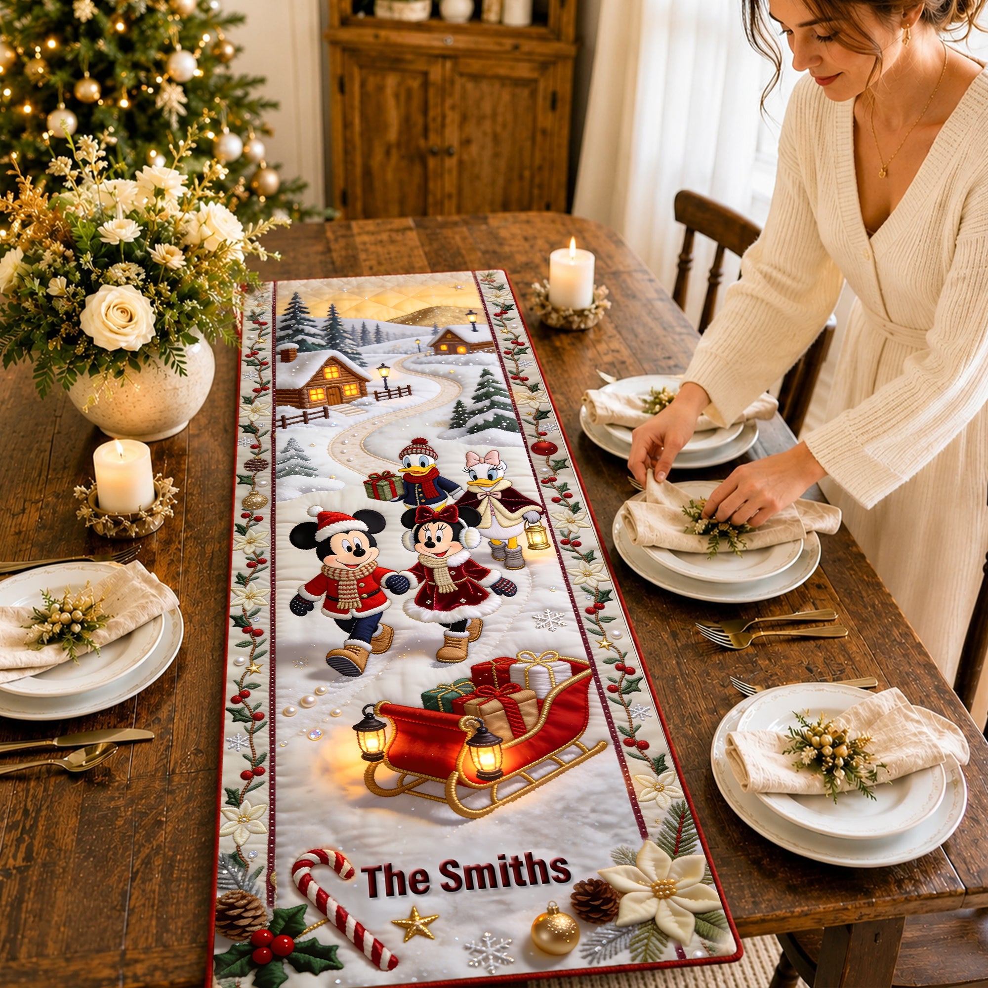 Bring Joy to Your Family with Our Christmas Mouse Family Table Runner - Personalized Gift for Everyone