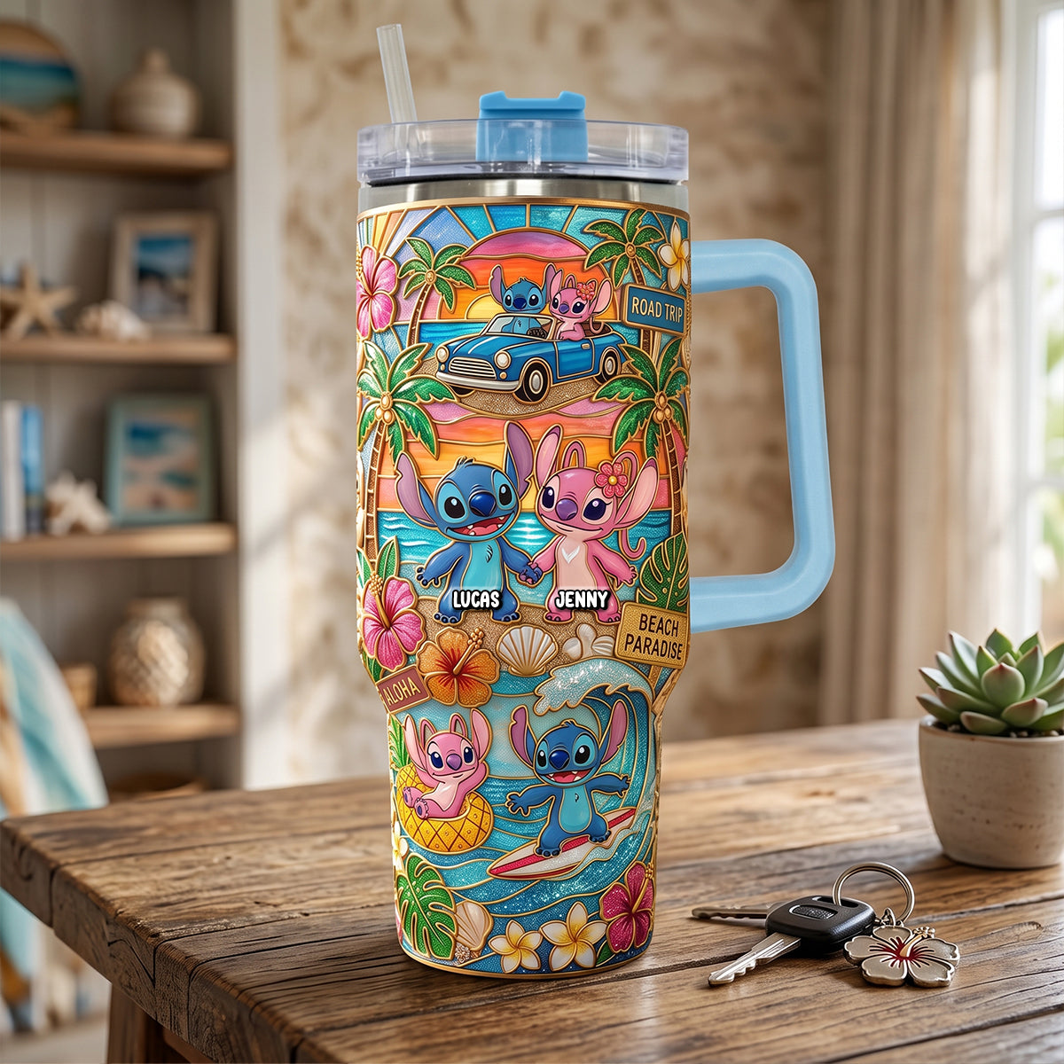 Couple Summer Vibes 40oz Tumbler With Handle - Personalized Gift for Couples
