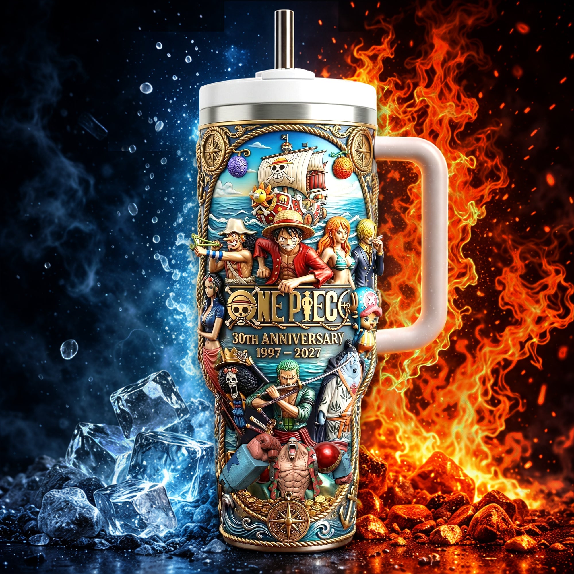 Celebrate Anime with Our 30th Anniversary One Piece Tumbler - Personalized Gifts for Anime Lovers Tumbler Cup PopCulturePrints