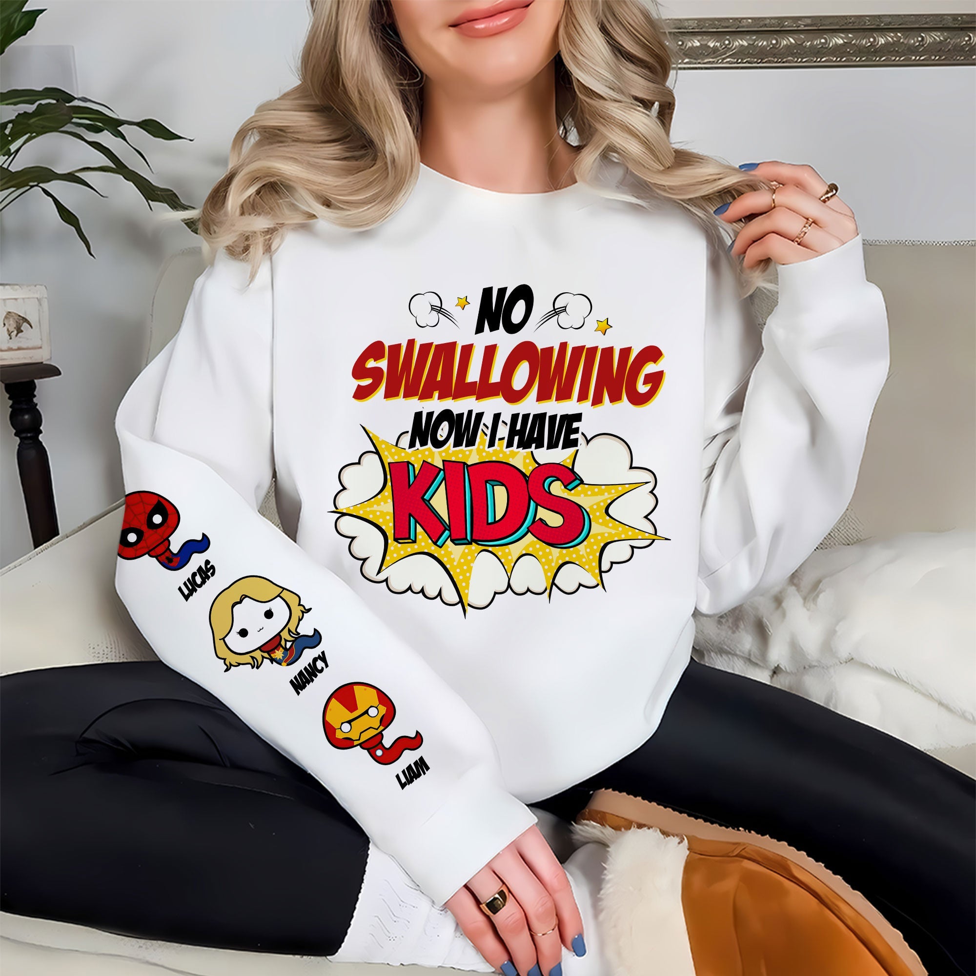 No Swallowing, Now I Have Kids - Personalized Funny Mom Shirt - Gift for Mom, Grandma, and New Parents AOP Products PopCulturePrints