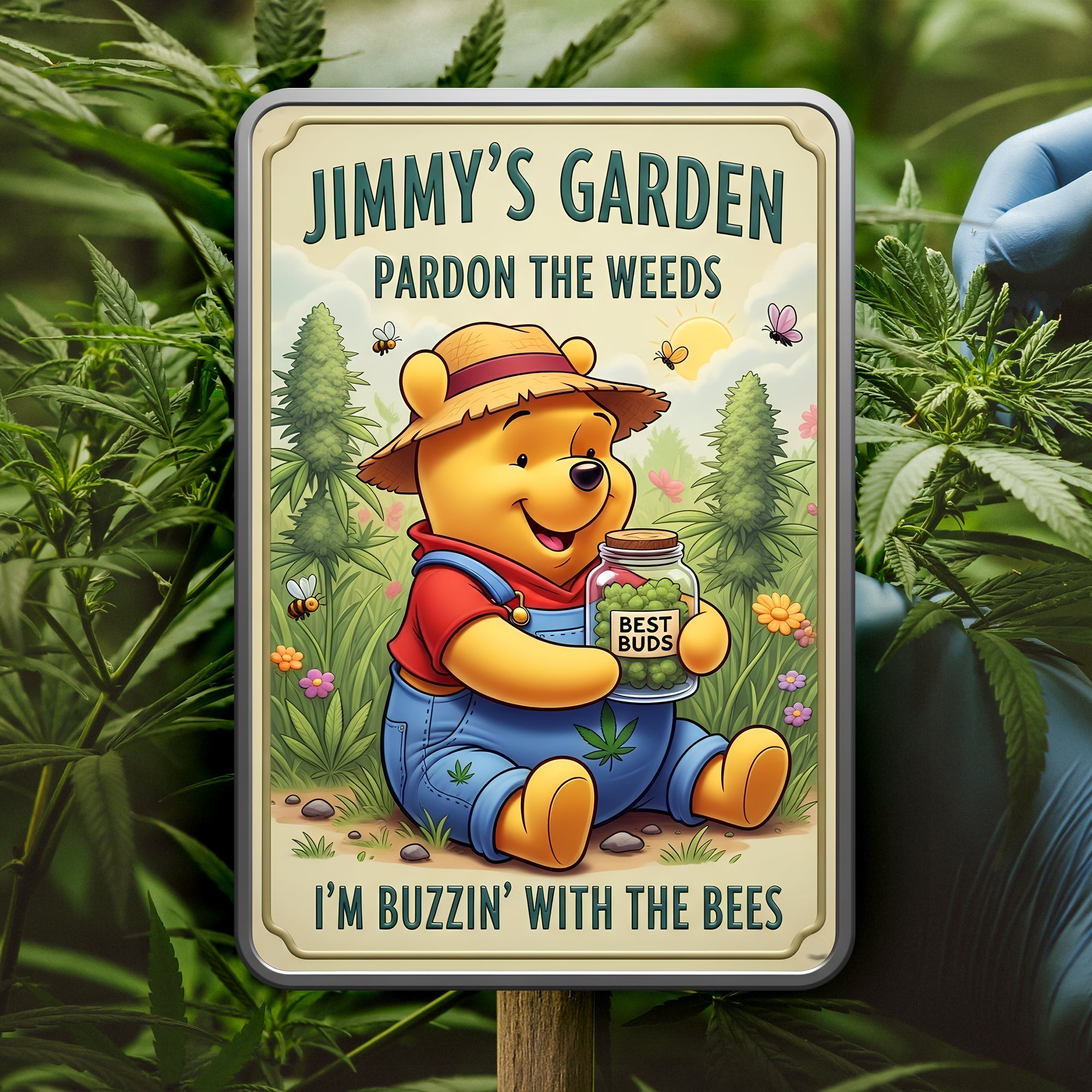 "Pardon the Weeds and Celebrate the Buzz" - Chill Garden Metal Sign, Personalized Gifts for Stoners Metal Signs PopCulturePrints