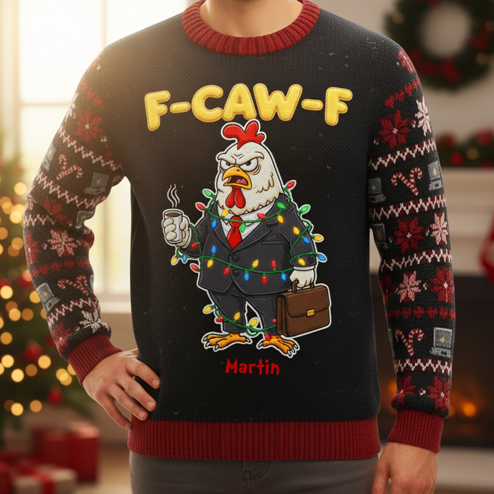 F-Caw-F Funny Chicken Knitted Ugly Sweater - Personalized Gifts for Officers & Friends Ugly Christmas Sweater PopCulturePrints
