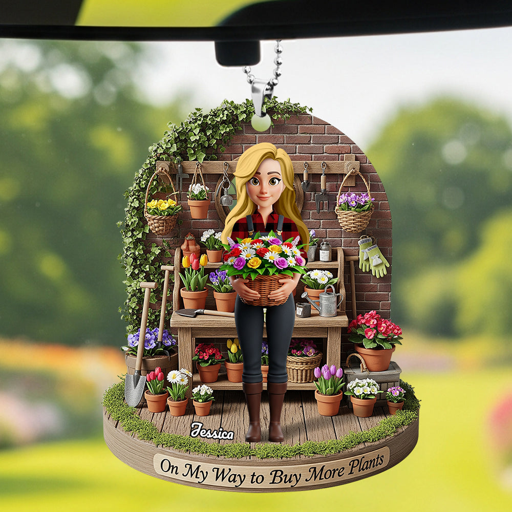 "On My Way to Buy More Plants" - Personalized Flower Garden Girl Car Ornament - Gift for Gardeners and Plant Lovers Ornament PopCulturePrints