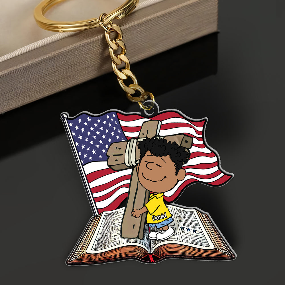 Customized Christian Keychain - Wooden Cross with Bible & American Flag Keychains PopCulturePrints