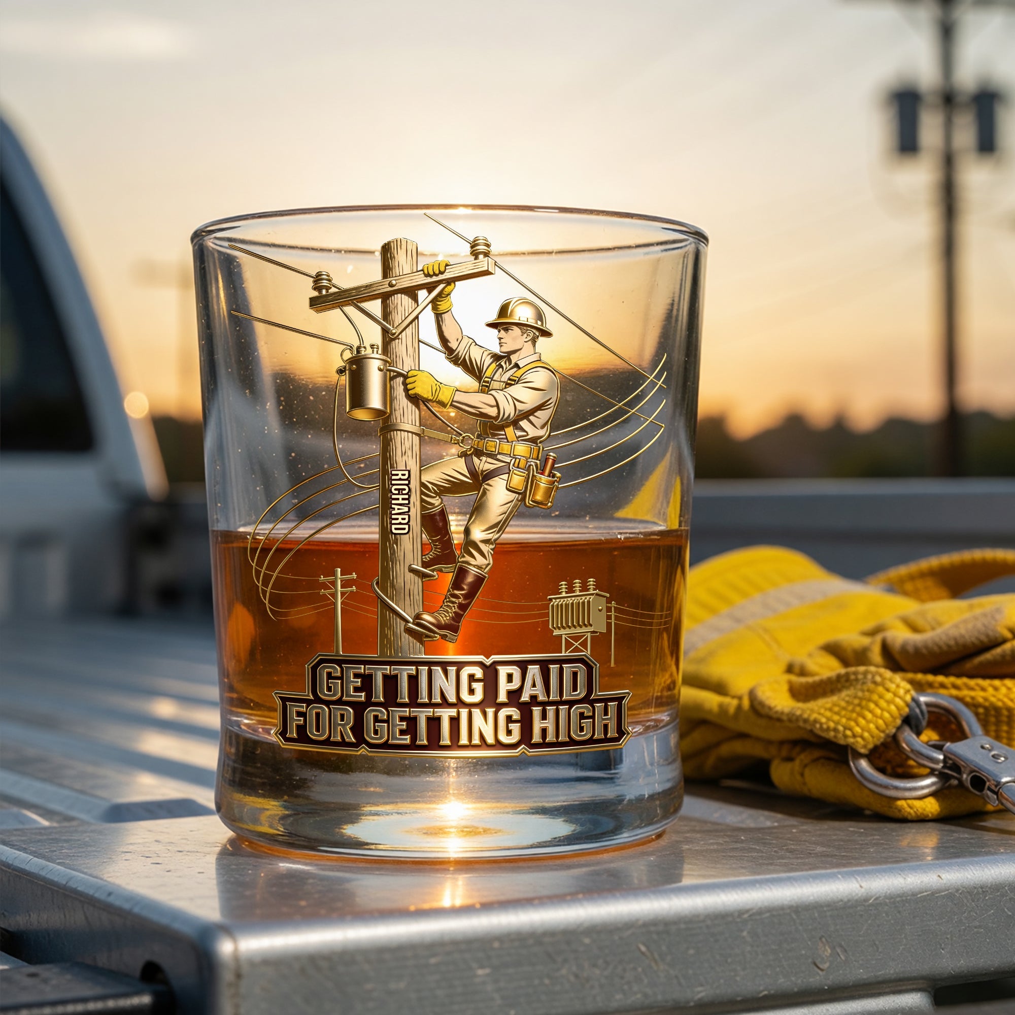 "Getting Paid for Getting High" - Proud Lineman Round Glass - Personalized Gift for Workers Glass PopCulturePrints