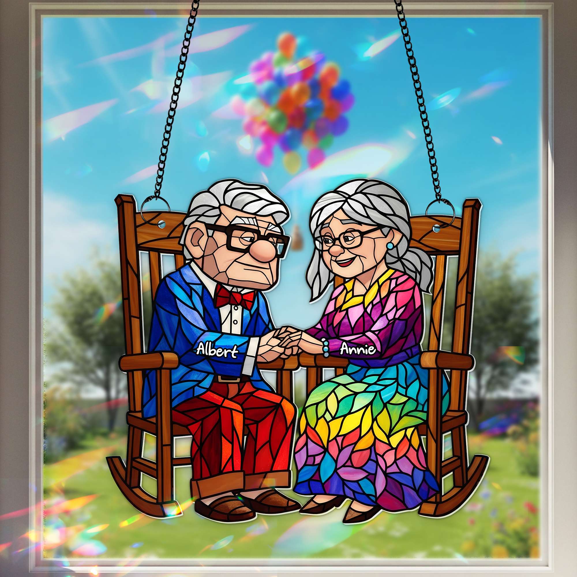 "Love Knows No Age" - Personalized Old Couple On the Porch Suncatcher - Custom Gift for Couples Ornament PopCulturePrints