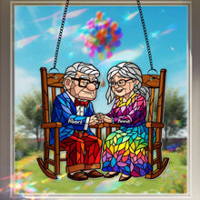 Load image into Gallery viewer, &quot;Love Knows No Age&quot; - Personalized Old Couple On the Porch Suncatcher - Custom Gift for Couples Ornament PopCulturePrints
