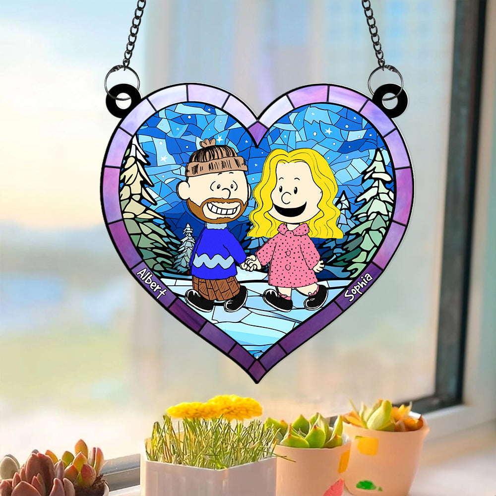 Personalized Cartoon Couple Heart Suncatcher - Hand In Hand Love Keepsake