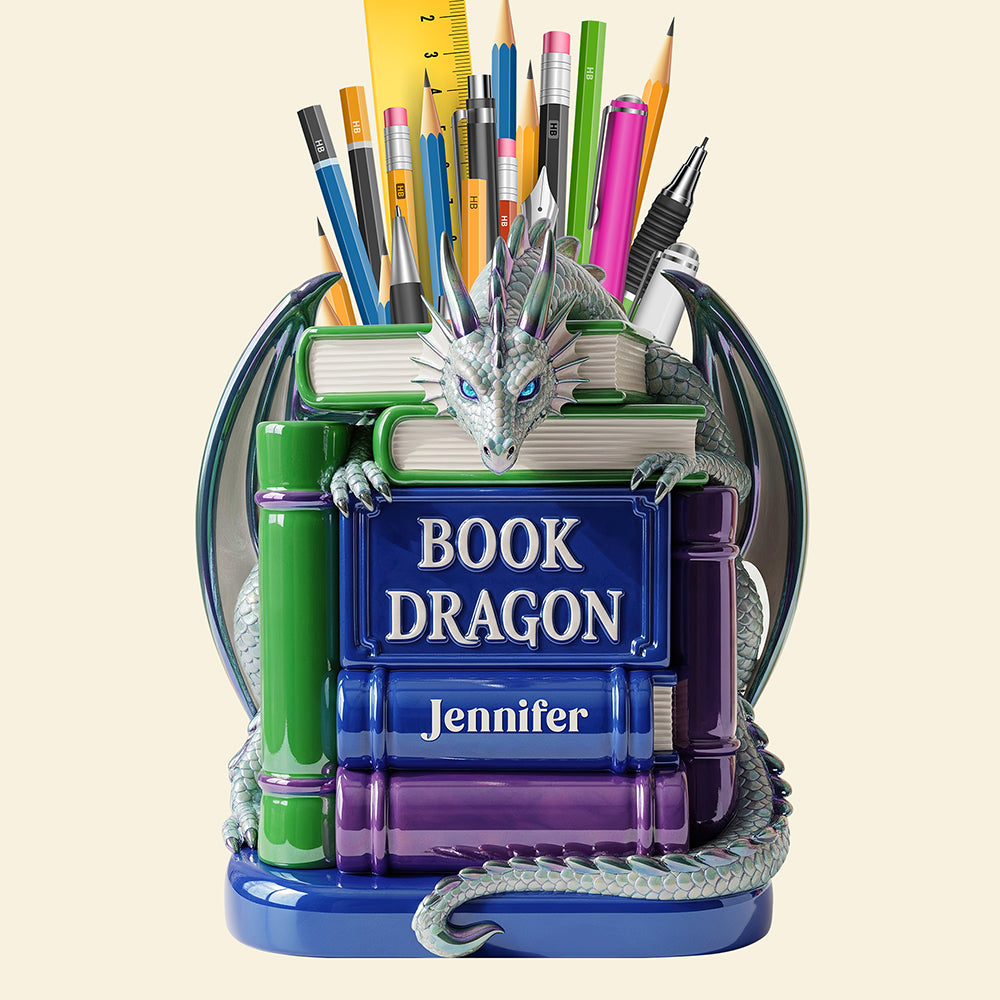 “Too Many Books?” - Book Dragon Wooden Pen Holder - Personalized Gift for Book Lovers Pen Holder PopCulturePrints