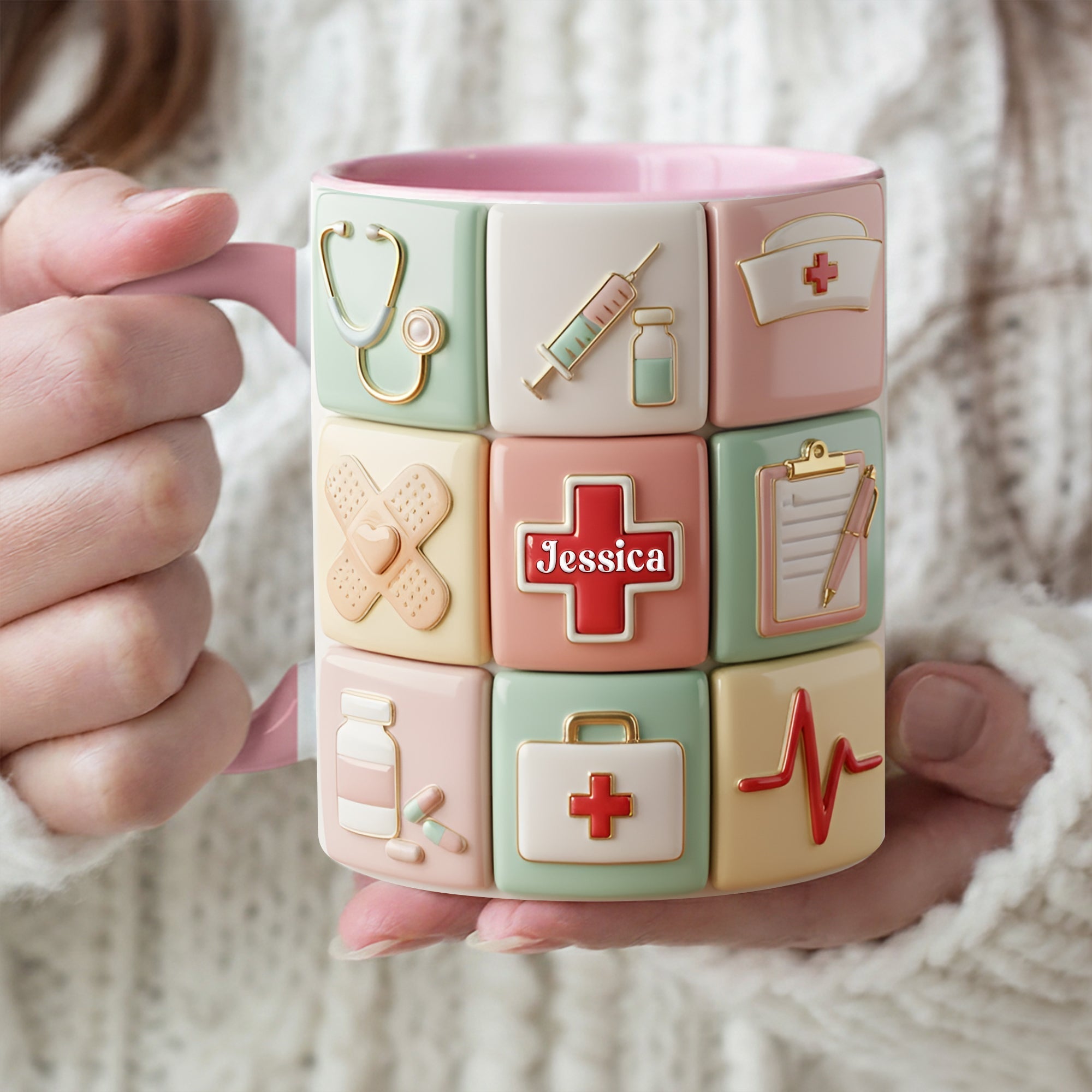 “For the Heart that Heals” - Personalized Medical Patchwork Accent Mug, Custom Gift for Nurses and Healthcare Heroes Coffee Mug PopCulturePrints