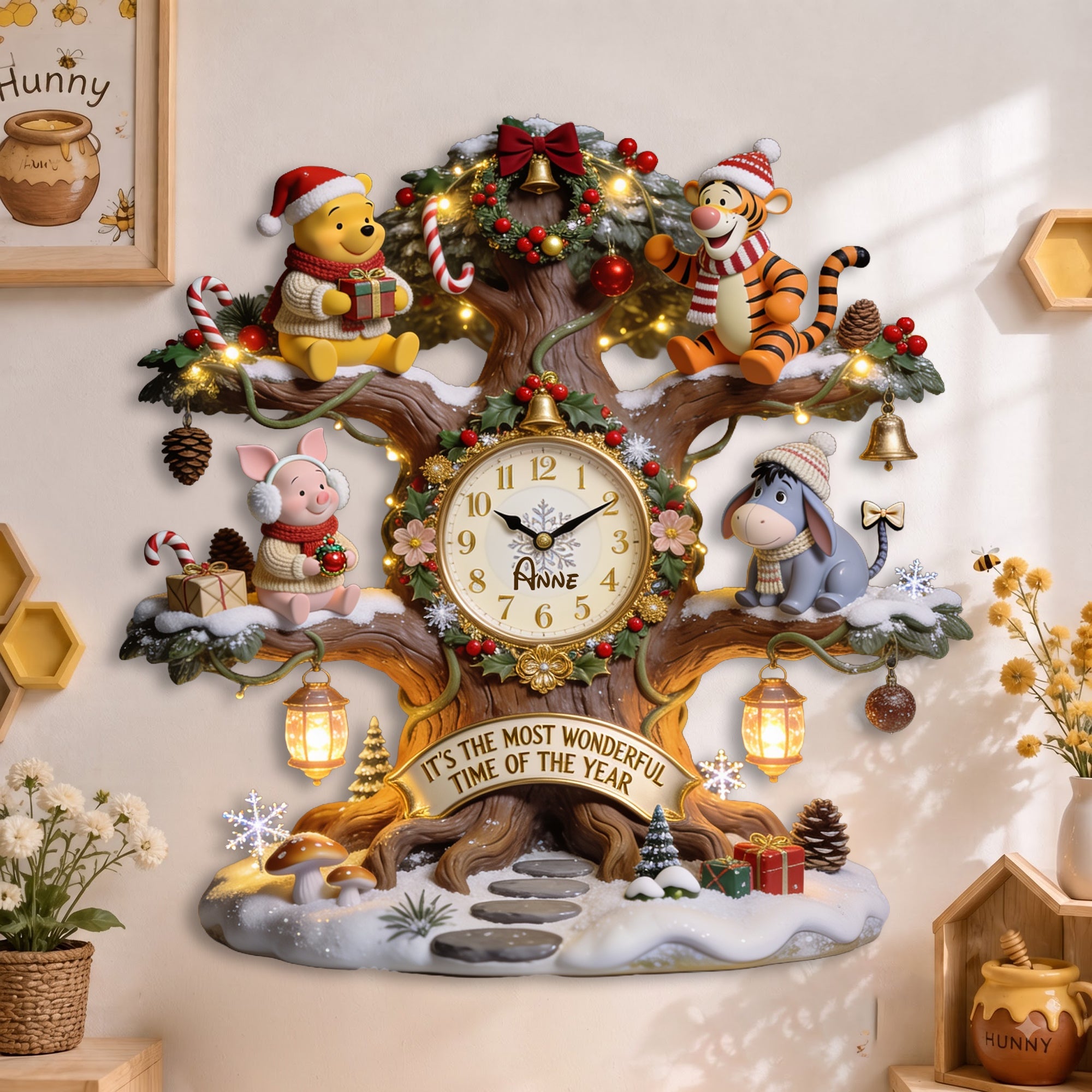 Cozy Winter Tree Acrylic Wall Clock - Personalize Your Holiday Joy