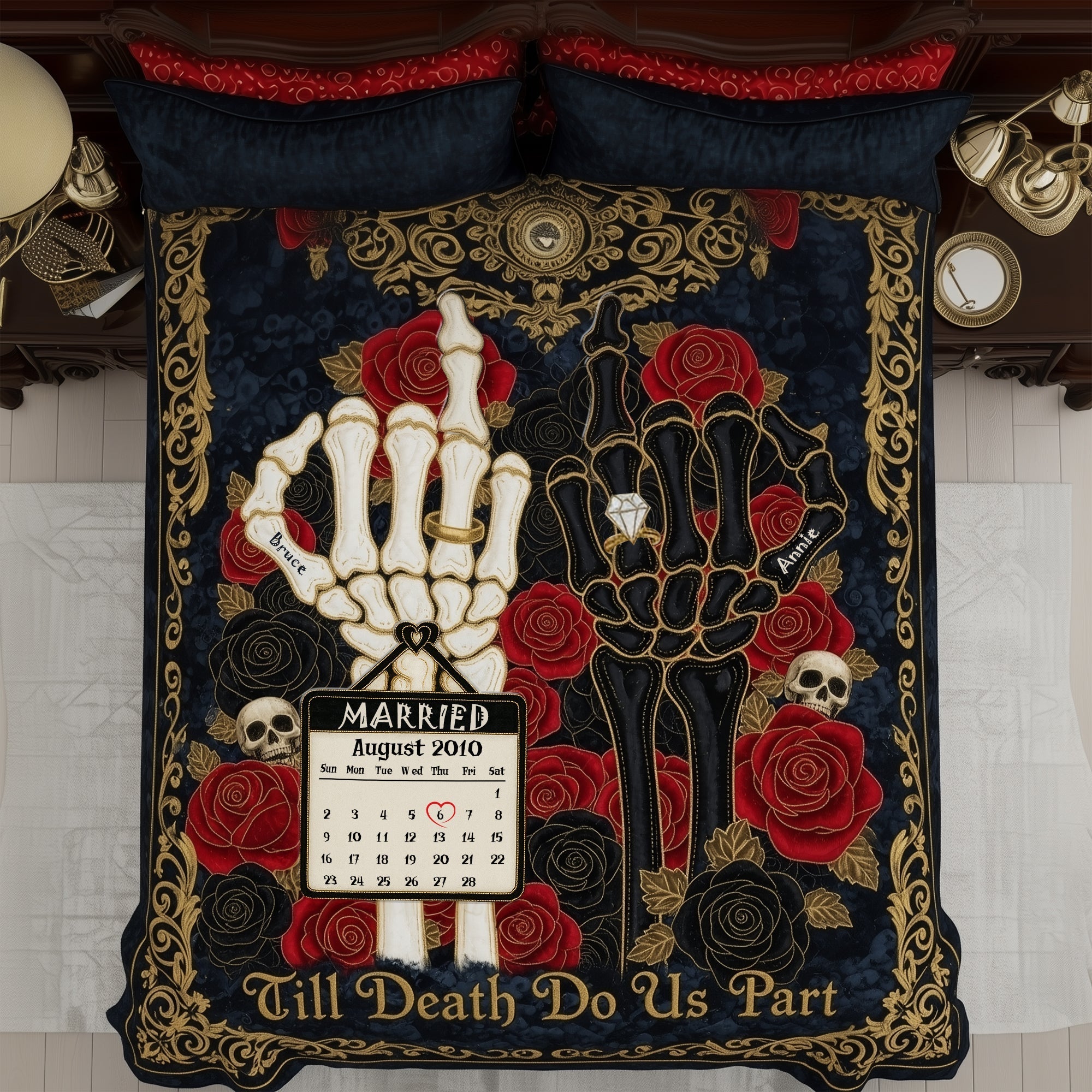 "Till Death Do Us Part" - Gothic Wedding Skeleton Quilt Bedding Set - Personalized Gift for Couples Blanket PopCulturePrints