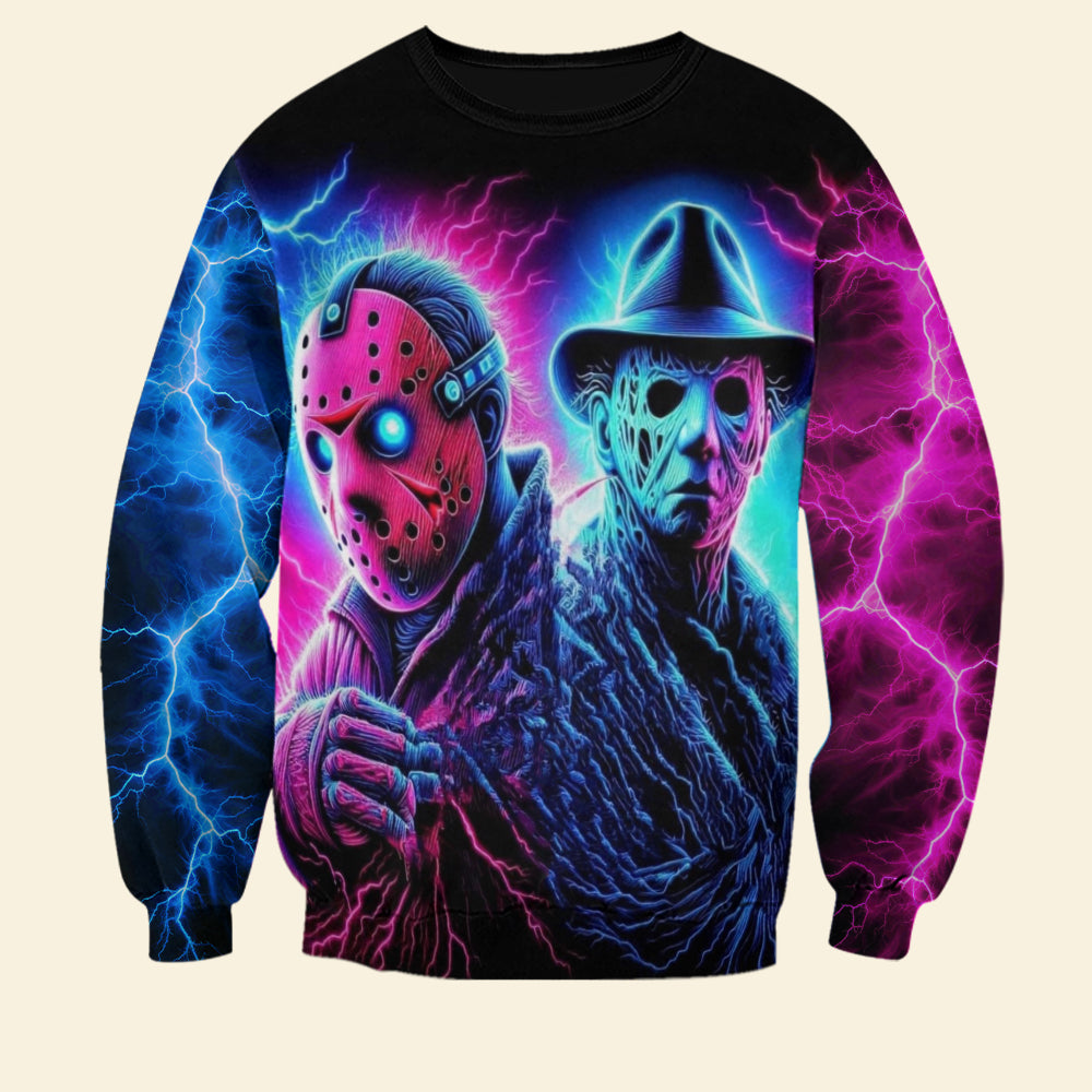 Neon Horror Legends Hoodie - Halloween Graphic Sweatshirt for Horror Movie Fans