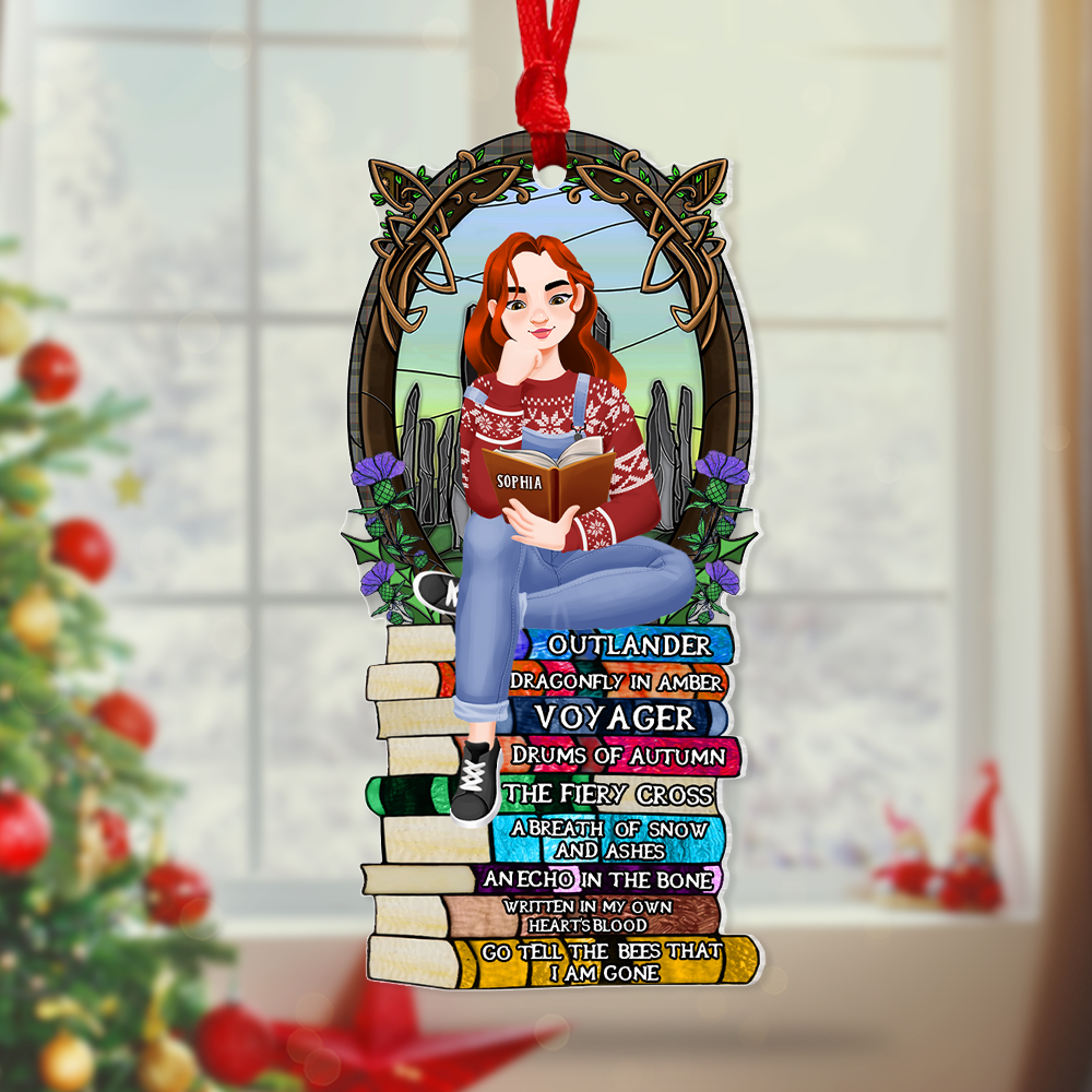 Personalized Christmas Ornament for Book Lovers - Girl Sitting on Books Ornament PopCulturePrints