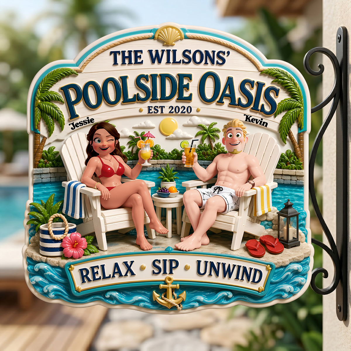 Relax and Unwind at Your Own Poolside Oasis - Custom Metal Sign for Couples