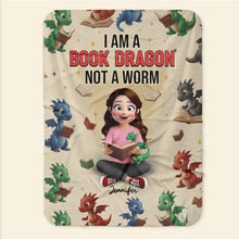 Load image into Gallery viewer, "I Am A Book Dragon, Not A Worm" - Cozy Book Dragon Blanket - Personalized Gift For Book Lovers Blanket PopCulturePrints
