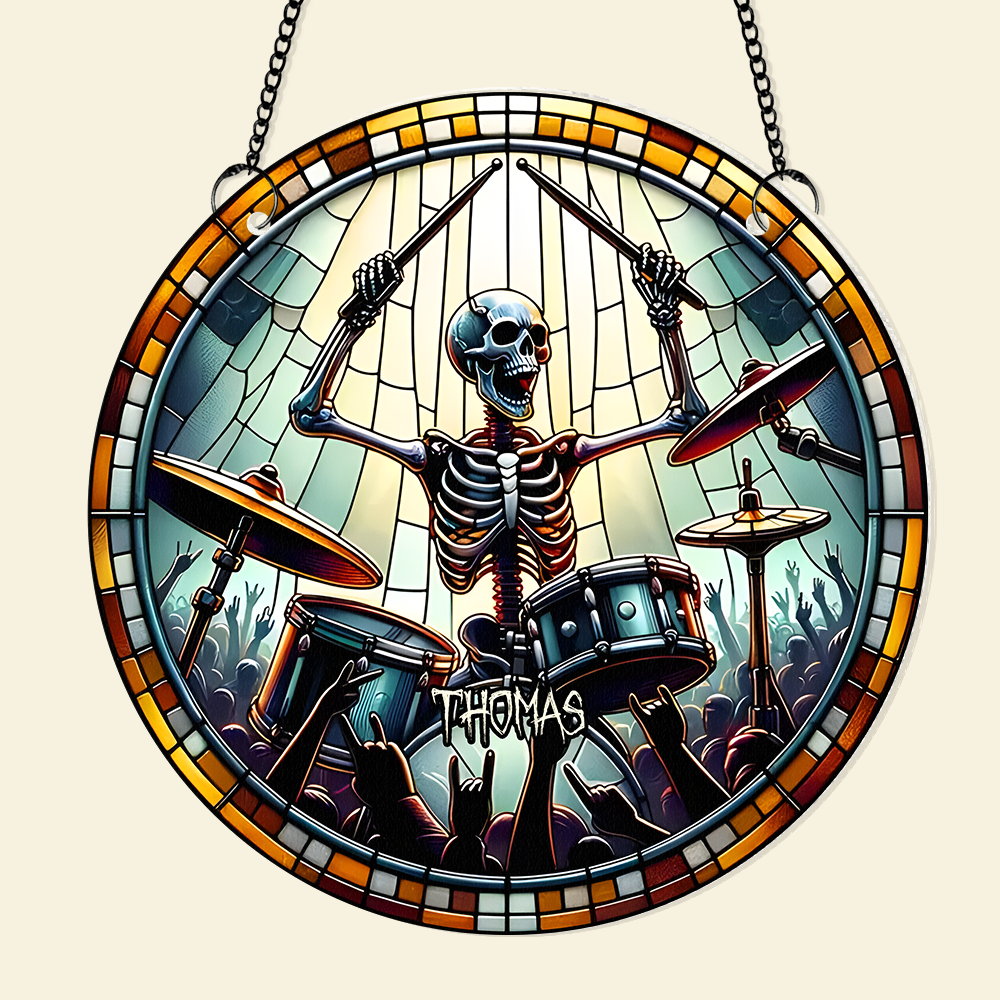 Personalized Suncatcher Ornament for Drum Lovers - Skeleton Drummer Design